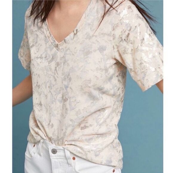Anthropologie Sol Angeles Metallic Gold V-Neck Tee - Picture 1 of 6